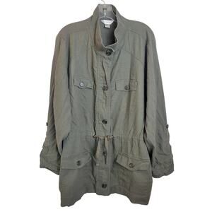 CJ Banks Womens Olive Green Utility Jacket Linen Blend Roll Tab Lightweight 3X